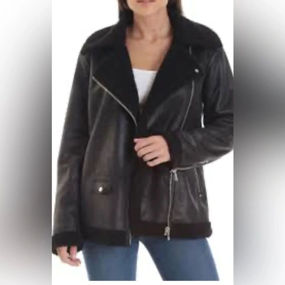 Avec Les Filles Faux Shearling Black Biker Jacket Size M - Picture 1 of 12
